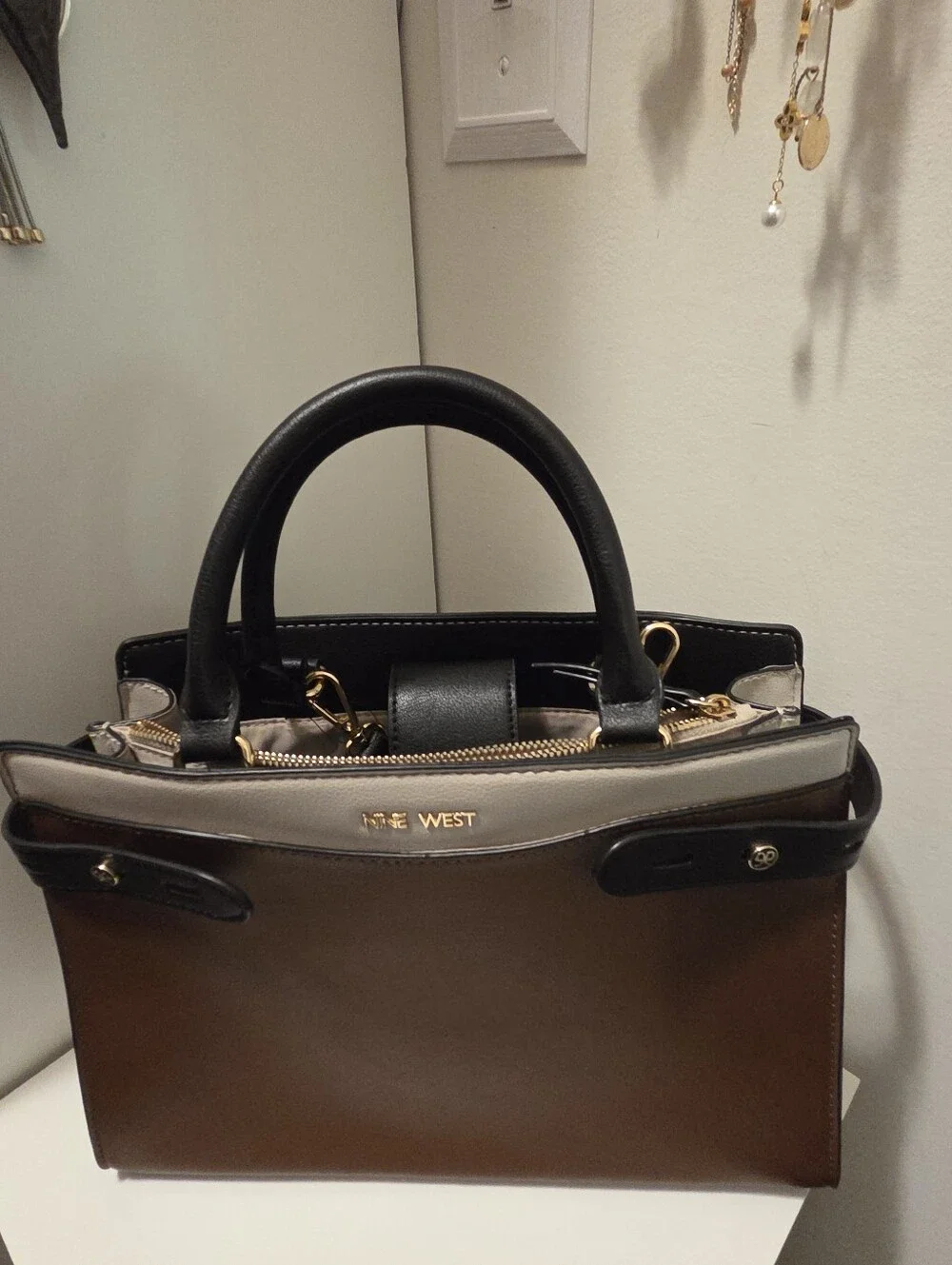 Nine West Brown, Cream & Black Structured Leather Handbag